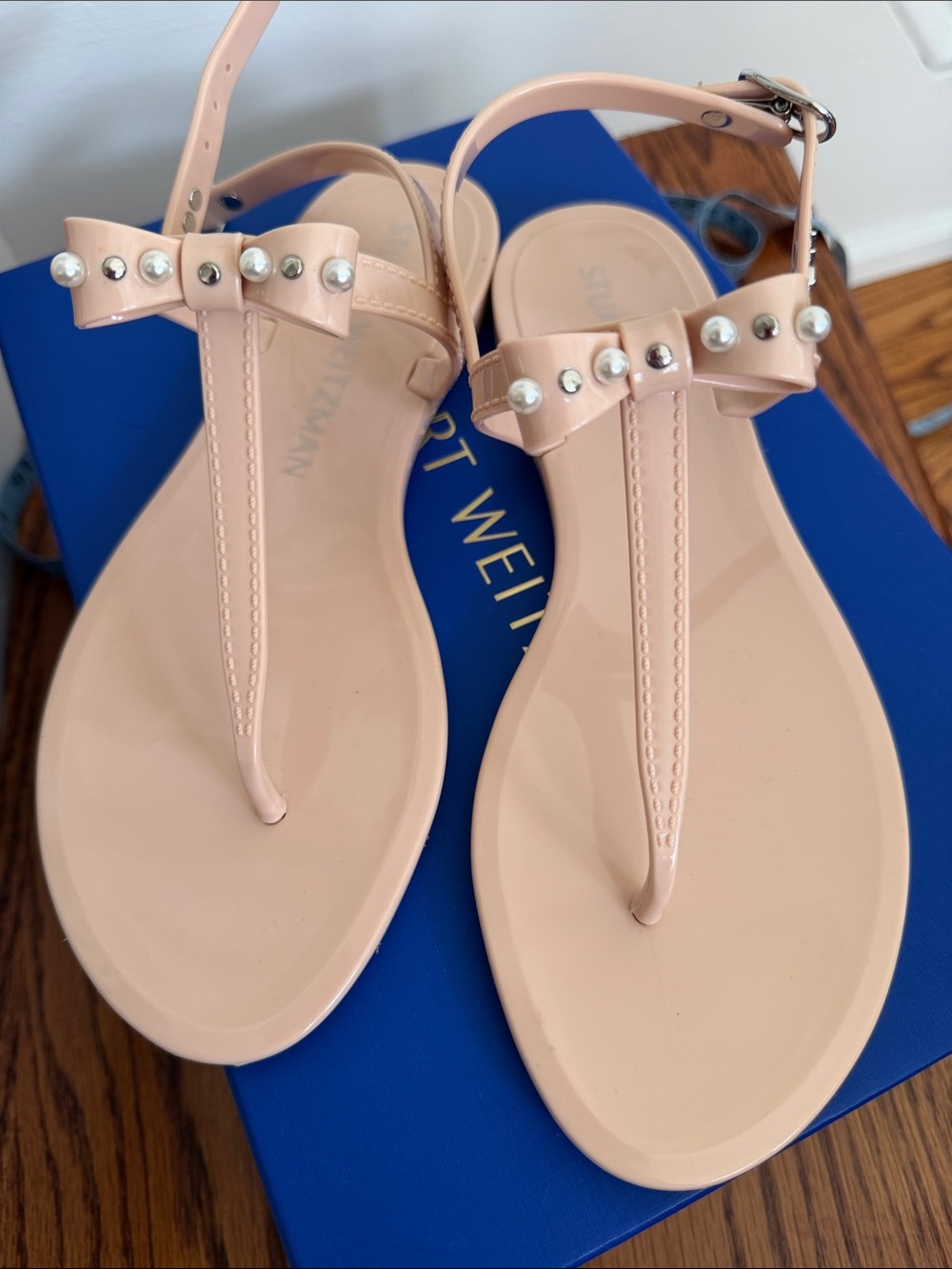 Stuart Weitzman embellished Blush Pink Bow T-Strap Jelly Sandals 7/37.5 NWT box